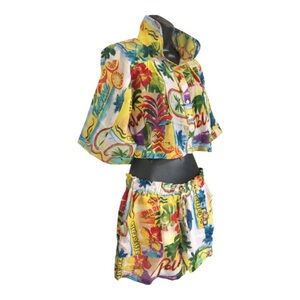 2piece colorful tropical paradise sheer cropped button down shirt and shorts set